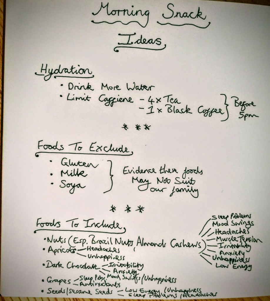 A handwritten note of snack ideas. The note lists ideas for Hydration, Foods to Exclude and foods to Include. The handwritten note demonstrates the thought process undertaken by Clare when designing the morning snack described in this blog post. The information contained in this handwritten note is also covered in the main text of the post.
