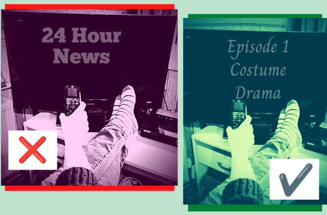 This image is divided into two parts. The left image shows a TV screen with a person sitting in front of it. They are ready to watch the TV and select a channel using a remote control. On the screen you can see they have selected a 24 Hour News Programme. It is tinted red and is marked with a cross to suggest that this kind of viewing is not preferable. On the right is the same image of the person sitting in front of a TV screen with a remote control. On the screen in this image it shows that the person has selected to watch Episode 1 of a costume drama. This image is tinted green and is marked with a tick suggesting this programme selection is a good choice. This image is used to show that, when used carefully, screens and TV can provide good entertainment and enhance our lives. However, if we are not careful, watching TV can become a non-beneficial habit.