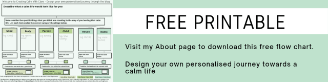 A light green banner about a free printable flow chart. On the left side is a thumbnail image of the flow chart. The text on the right reads, "Free Prinatable. Visit my About Page to download this free flow chart. Design your own personalised journey towards a calm life."