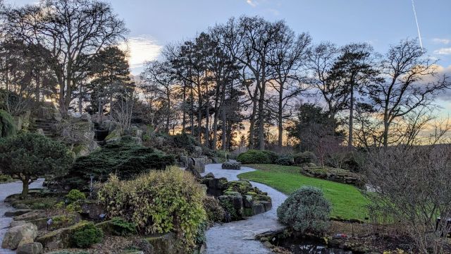A beautiful, natural scene showing green shrubs and green grass in the foreground. A winding grey path leads to a scattering of trees in the background. The silhouettes of the trees are seen against a blue and orange sky as the sun sets. This photograph represents a calm view that would encourage you to spend time outside.